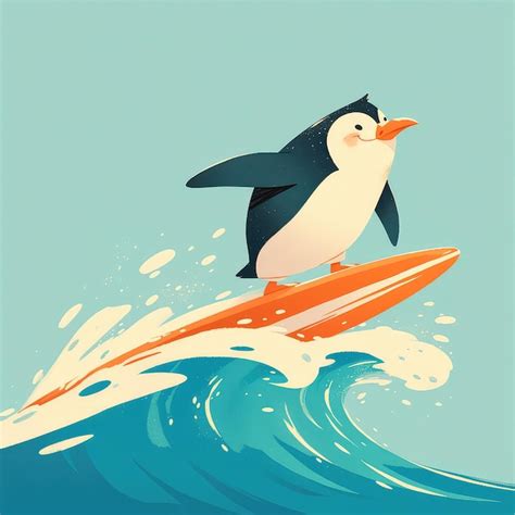 Premium Vector | A penguin on a surfboard cartoon style