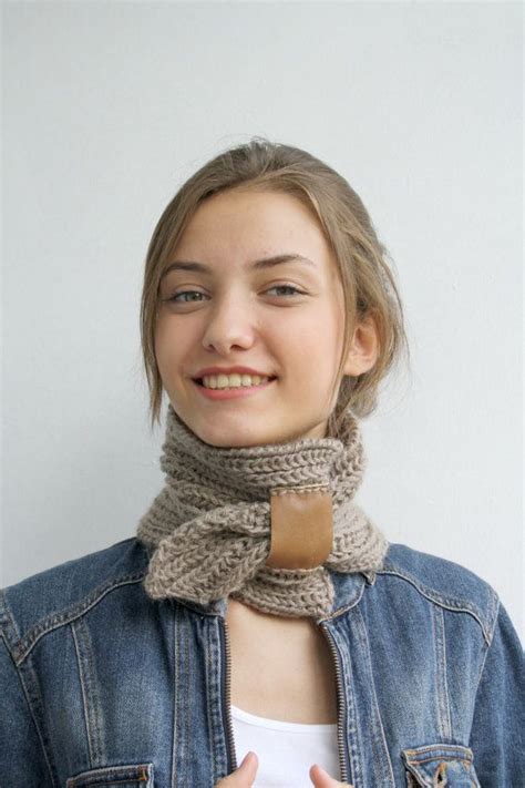 Hand Knit Milky Brown Mohair Brown Scarf With Leather Bridge Knitted