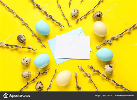 Composition Blank Card Beautiful Easter Eggs Pussy Willow Branches Yellow Stock Photo