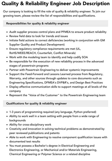 Quality Reliability Engineer Job Description Velvet Jobs