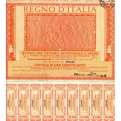 1942 04 Buono Del Tesoro Novennale A Premi 5 Lire 500 Roma