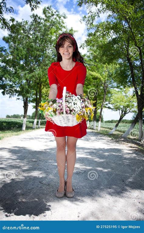 Smiling Girl Holding Basket With Flowers Stock Image Image Of Hobby