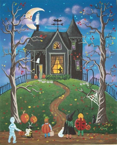 Who Goes First Halloween Folk Art 10 x 8 Print by KimsCottageArt