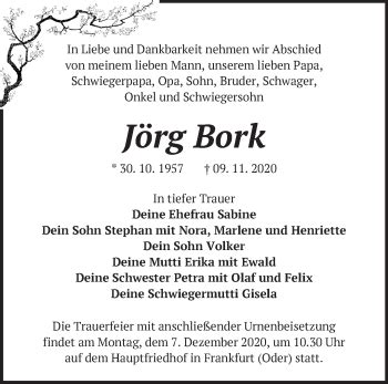 Traueranzeigen von Jörg Bork Märkische Onlinezeitung Trauerportal