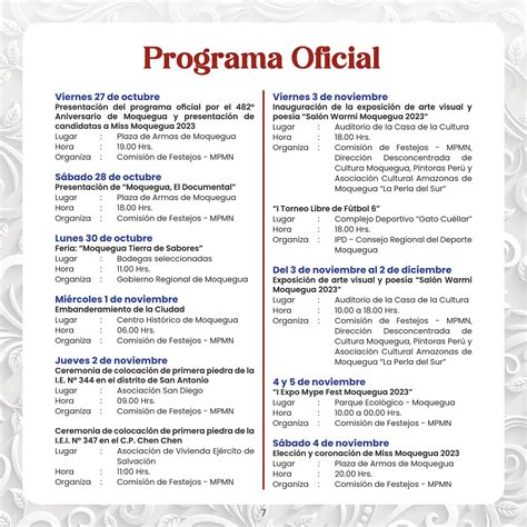 MOQUEGUA: Programa Oficial de Festejos por el 482 Aniversario de Moquegua