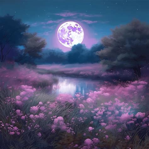 Una Luna Rosa Brilla Sobre Un Campo De Flores Y Un Campo De Flores