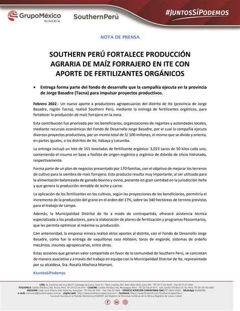 SOUTHERN PERÚ FORTALECE PRODUCCIÓN AGRARIA DE MAÍZ FORRAJERO EN ITE CON