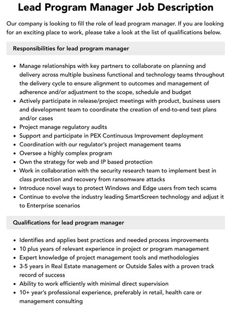 Lead Program Manager Job Description Velvet Jobs