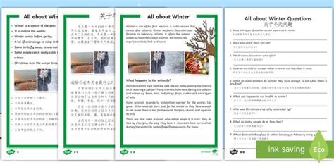 Winter Differentiated Reading Comprehension Activity English Mandarin Chinese