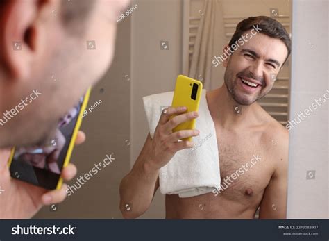 Sexy Man Taking Selfie Bathroom Mirror Stock Photo