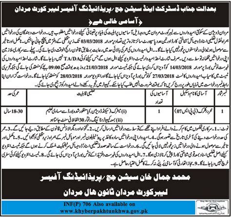 District And Session Judge Mardan Clerical Jobs 2023 Job Advertisement