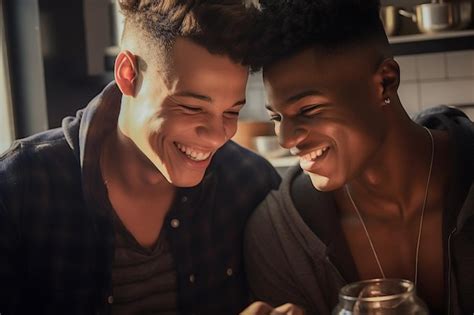 Feliz Y Sexy Pareja Gay Joven Cocinando Comida Juntos En Casa Foto Premium