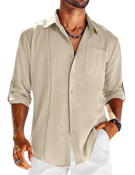 Coofandy Mens Cuban Guayabera Shirts Linen Long Sleeve Casual Button