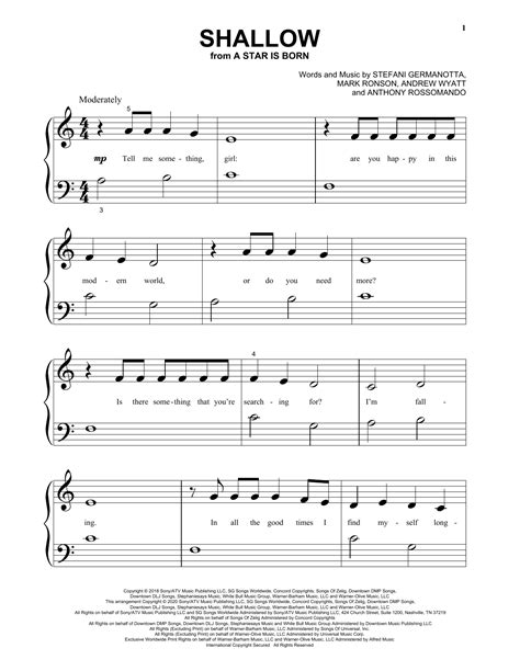 Shallow From A Star Is Born Big Note Piano Print Sheet Music Now