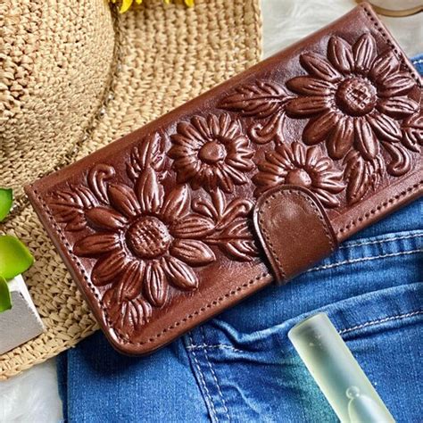 Authentic Leather Wallets For Women Sunflowers Gifts Etsy