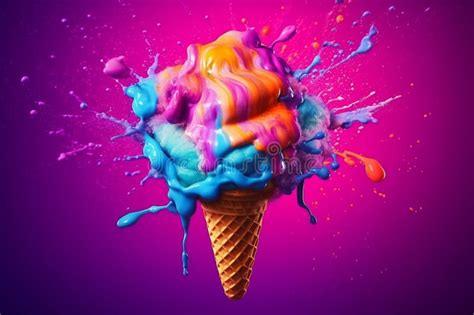 Illustration Showcasing An Ice Cream Cone With Vibrant Colors Melting Into A Creative Splash