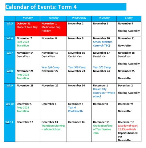 2022 Term 4 Week 4 - Calendar