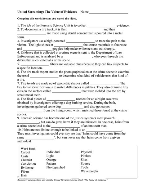 Types Of Forensic Evidence Worksheet