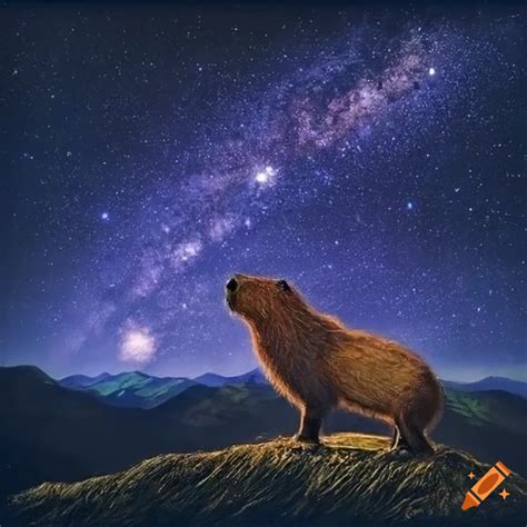 Capybara Overlooking The Milky Way From Snowy Mountain In Van Gogh