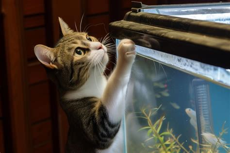 Gato Con Una Pata En La Tapa Del Tanque De Peces Mirando Hacia Adentro