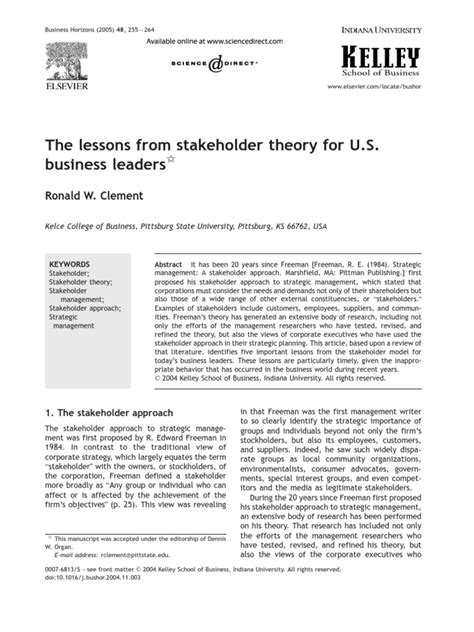 The Lessons From Stakeholders Theory For Us Business Leaders Pdf