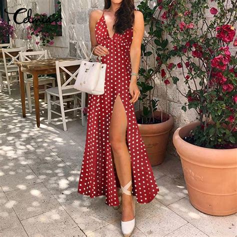 Kaufe Celmia Bohemia Holiday Polka Dot Bedrucktes Maxikleid 2022 Sommer Frauen Sexy Spaghetti