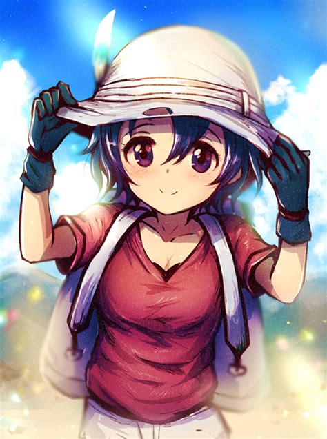 Safebooru 1girl Adjusting Clothes Adjusting Hat Backpack Bag Black Gloves Black Hair Blue Eyes