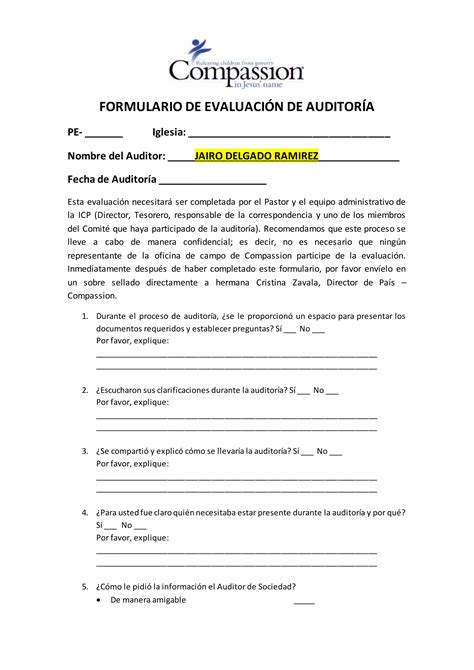 Formulario De Evaluaci N De Auditor A Pdf