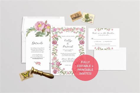 Pink Flowers Invitation Suite Template Download Printable Wedding Invitation Suite - Etsy