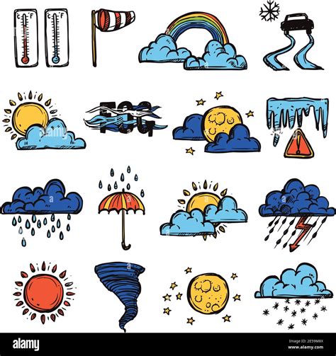 Weather Forecast Symbols Color Decorative Hand Drawn Icons Set Isolated Vector Illustration