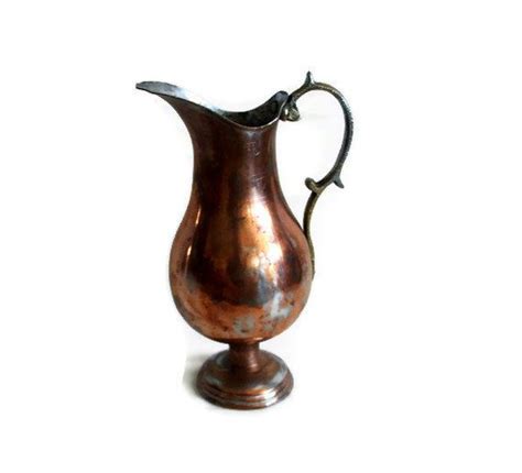 Beautiful Vintage Copper Pitcher Ornate Brass Handle And Pedestal