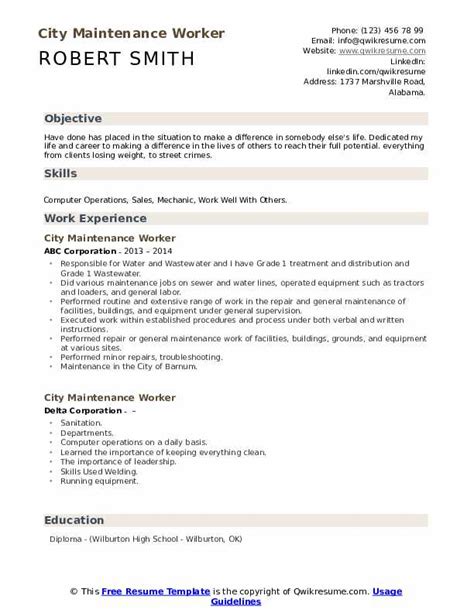 City Maintenance Worker Resume Samples QwikResume