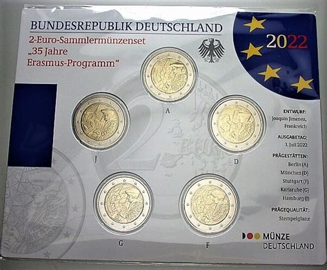 Deutschland 5 X 2 Euro 2022 A D F G J ERASMUS PROGRAMM Stempelglanz