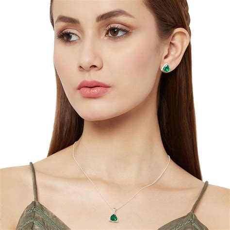 Silver Pendant Set With Chain In Brilliant Green Stone For Women Voylla