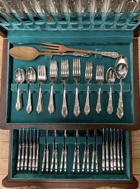 Wallace Sterling Silver Rose Point Pattern Flatware Set For 12