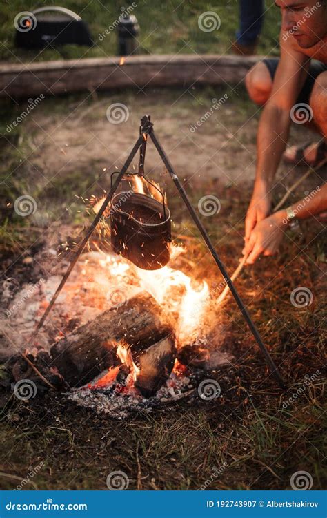 Jovem Atraente Colocou A Lenha Na Fogueira Imagem De Stock Imagem De