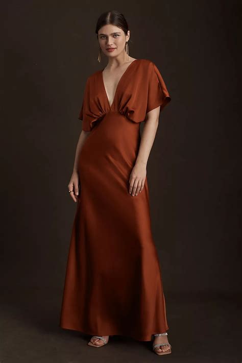 BHLDN Leila Deep V Flutter Sleeve Satin A Line Gown A Line Gown