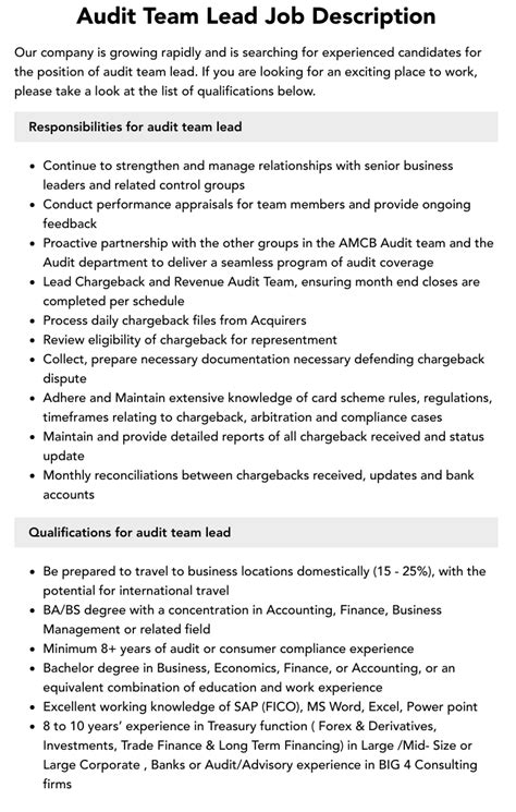 Audit Team Lead Job Description Velvet Jobs