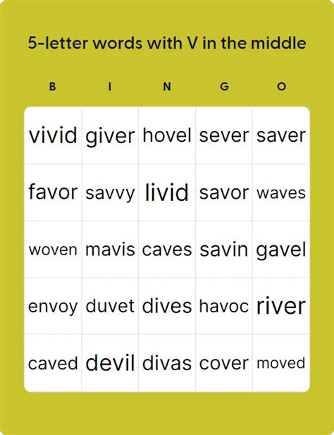 Letter Words With V In The Middle Bingo Card Creator