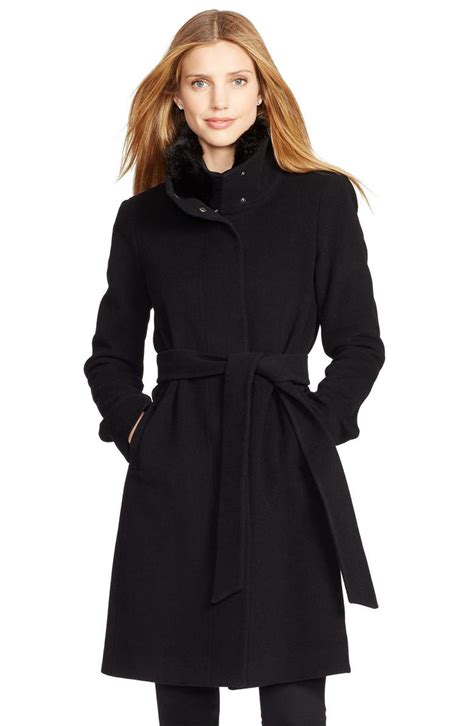 Lauren Ralph Lauren Belted Wool Blend Stand Collar Coat With Faux Fur Trim Nordstrom