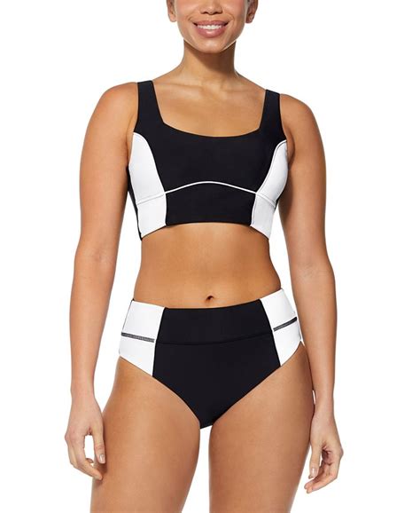 Reebok Women S Colorblocked Long Line Bralette Swim Top And High Waist Bikini Bottoms And Reviews