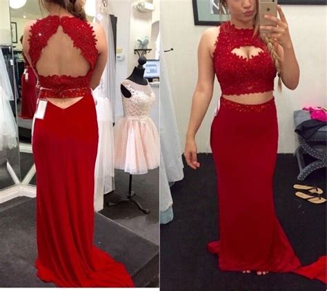 Two Piece Red Prom Dresses Short Train Sheath Column Long Sexy Prom Dr