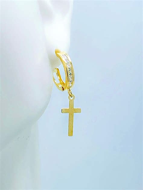 Solid 10k Gold Round Huggie Dangling Cross Earrings Small 1 Etsy Canada