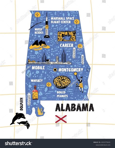 Alabama USA States Map Flat Hand Drawn Vector Royalty Free Stock