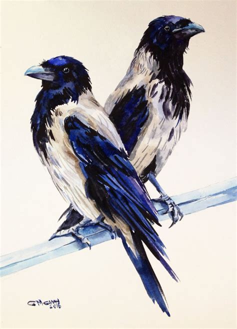 Two Hooded Crows Grey Crows Couple Birds On The Branch ORIGINAL