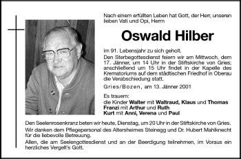 Traueranzeigen Von Oswald Hilber Trauer Bz