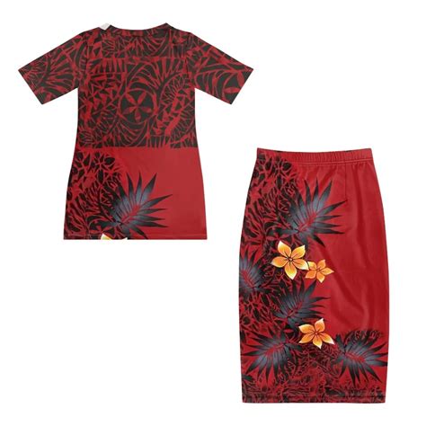 Samoan Puletasi Tapa Flower Shirt And Dress 2pcs Polynesian Tribal Red Dress Set Island Dress