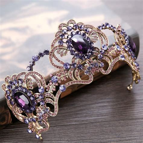 Vintage Purple Crystal Hollow Tiara Crown Hair Jewelry For Women