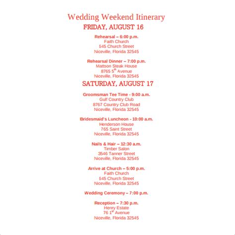 13+ Sample Wedding Weekend Itinerary Templates | Sample Templates