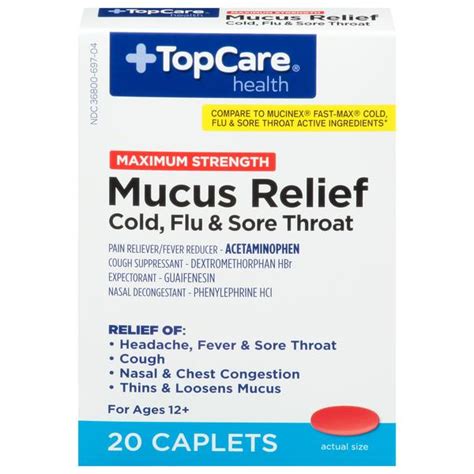 Top Care Maximum Strength Mucus Relief Cold Flu Sore Throat Caplets